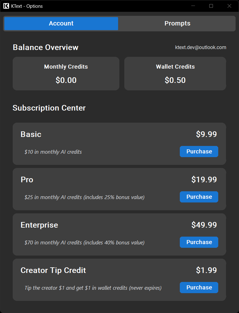 Account page with credits and subscription overview